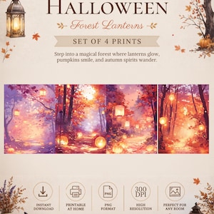 Natural Halloween Wall Art Set of 4 | Autumn Forest Lanterns | Pumpkin Printable Decor | Digital Download | 4000x6000 PNG
