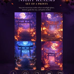 Dark Halloween Japanese Shrine Wall Art Set of 4 | Torii Gate Pumpkin Night Print | Spooky Halloween Decor | Digital Download Printable