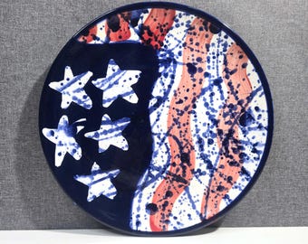 Cissy Martin Signed Art Pottery Plate – Americana Stars & Stripes – Red White Blue