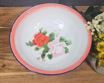 Vintage Floral Enamelware Bowl - Peach Rim Basin by Butterfly Brand 9 1/2"