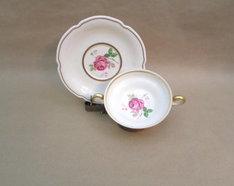 Stunning Rosenthal Castelton China Footed Cream Soup Bowl and Underplate Dolly Madison Rose and Gold