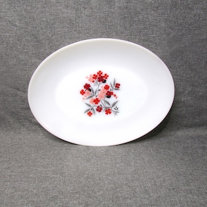 Vintage Anchor Hocking Fire King Primrose Oval Platter Milk Glass Red Flowers image 1