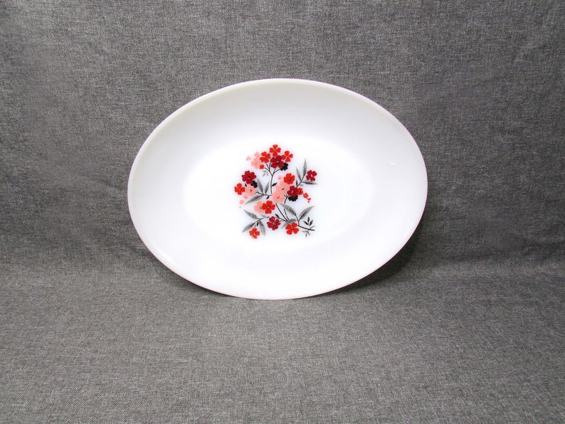 Vintage Anchor Hocking Fire King Primrose Oval Platter Milk Glass Red Flowers image 1