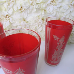 Vintage Culver Federal Glass Indonesian Siam Hindu Goddess High Ball Flat Cooler Glasses Red Mid Century Barware image 5