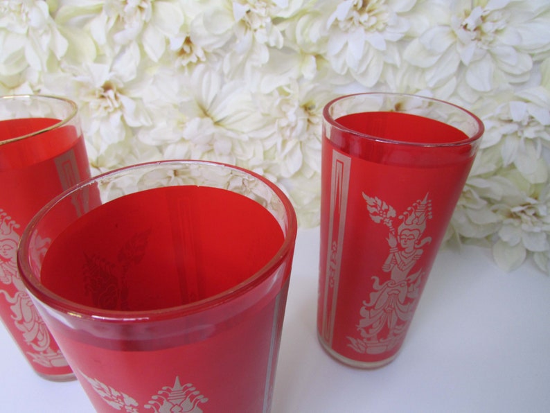 Vintage Culver Federal Glass Indonesian Siam Hindu Goddess High Ball Flat Cooler Glasses Red Mid Century Barware image 5