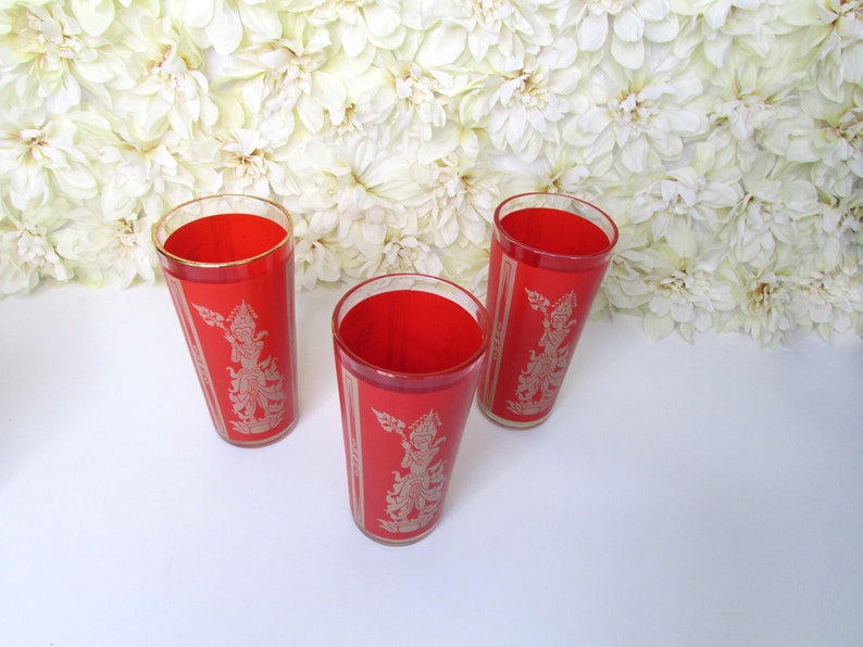 Vintage Culver Federal Glass Indonesian Siam Hindu Goddess High Ball Flat Cooler Glasses Red Mid Century Barware image 3