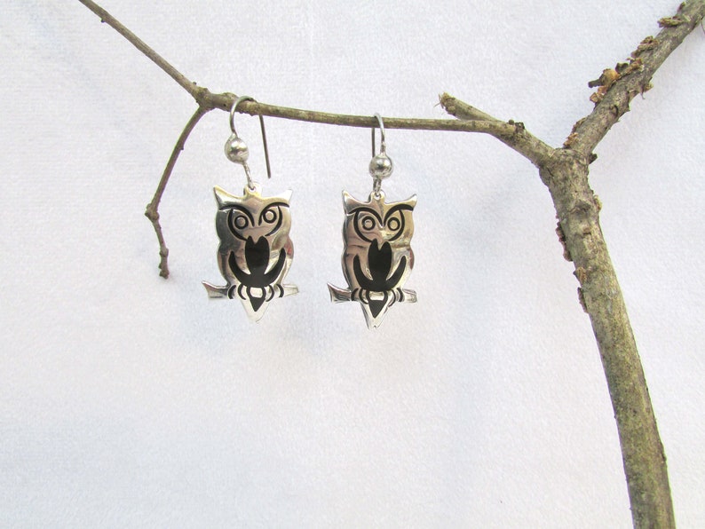 Vintage Sterling Silver Owl Earrings Mexico 925 Black Inlay image 3