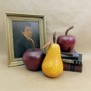 Beautiful Large Carved Wood Pear and Apples Amazing Decor Pieces Sculpted wood Realistic image 1