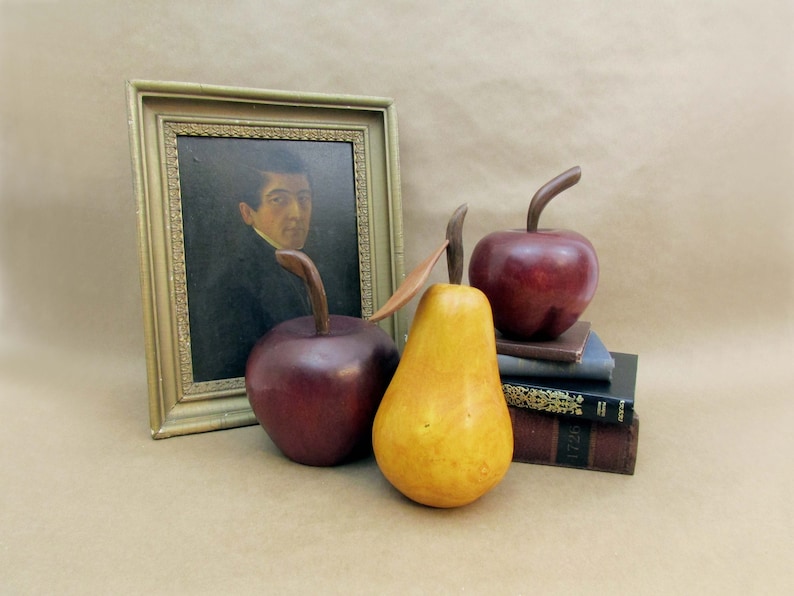 Beautiful Large Carved Wood Pear and Apples Amazing Decor Pieces Sculpted wood Realistic image 1