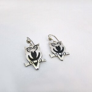 Vintage Sterling Silver Owl Earrings Mexico 925 Black Inlay image 4