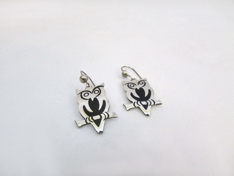 Vintage Sterling Silver Owl Earrings Mexico 925 Black Inlay image 4