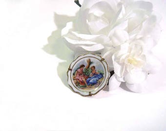 Limoges France Miniature Plate Pin Brooch Vintage Courting Couple Romance Porcelain