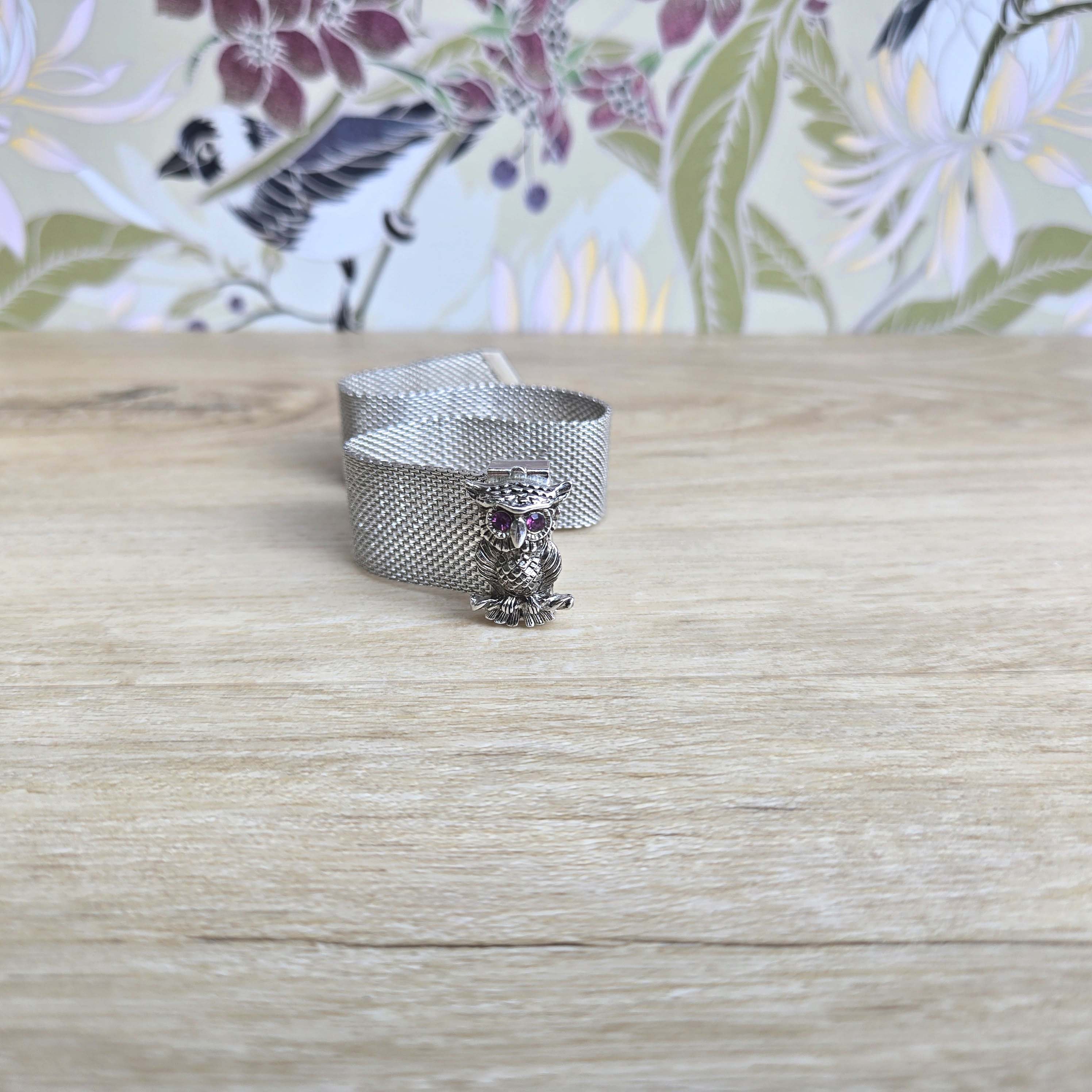 Vintage Sarah Coventry Owl Mesh Bracelet - Silvertone 1970s - Purple Rhinestone Eyes - Adjustable Bu