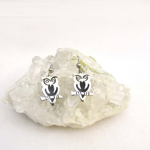 Vintage Sterling Silver Owl Earrings Mexico 925 Black Inlay image 1
