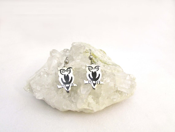 Vintage Sterling Silver Owl Earrings - Mexico 925… - image 1