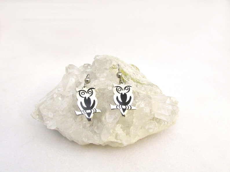 Vintage Sterling Silver Owl Earrings Mexico 925 Black Inlay image 1