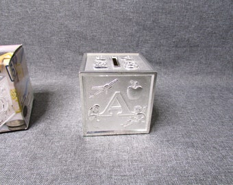 International Silver Baby Block Bank ABC's Nursery New in Box NOS Vintage Piggy Bank