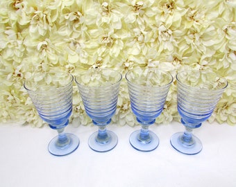 Libbey Sirrus Blue Wine Goblets - Water Glasses - Ribbed Rings- Footed