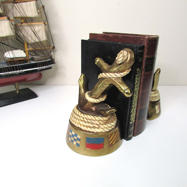 Vintage Marion Bronze Ship Anchor Bookends -Maritime Flags- Nautical -Sailors Knot- Rope- Polychrome