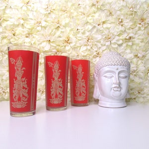 Vintage Culver Federal Glass Indonesian Siam Hindu Goddess High Ball Flat Cooler Glasses Red Mid Century Barware image 1