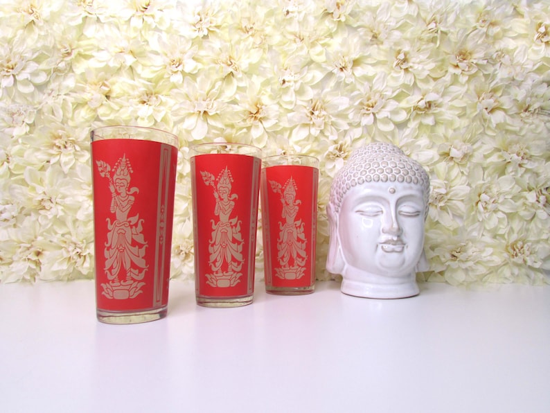 Vintage Culver Federal Glass Indonesian Siam Hindu Goddess High Ball Flat Cooler Glasses Red Mid Century Barware image 1