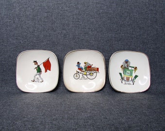 Vintage Sandland Ware Staffordshire - London to Brighton Veteran Car Run Race Red Flag Hors D'oeuvres Tidbit Plates