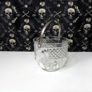 Vintage Glass or Crystal Ice Bucket with Hammered Silver Handle Cambridge King Edward Diamond Pattern image 2