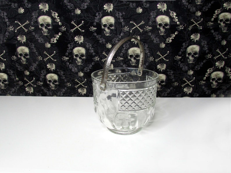 Vintage Glass or Crystal Ice Bucket with Hammered Silver Handle Cambridge King Edward Diamond Pattern image 2