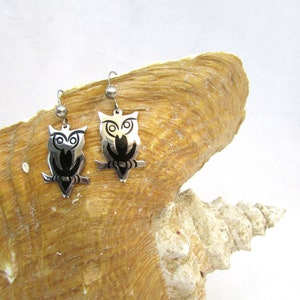 Vintage Sterling Silver Owl Earrings Mexico 925 Black Inlay image 2