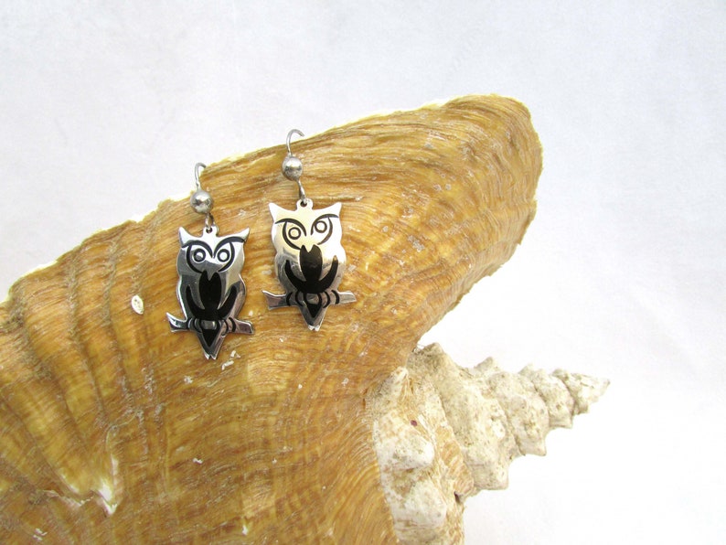 Vintage Sterling Silver Owl Earrings Mexico 925 Black Inlay image 2