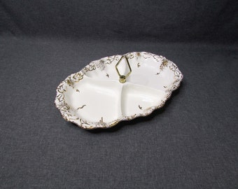 Vintage California Art Pottery Divided Tray with Handle Mid-Century White Gold