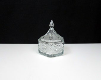 Tiara Colonial Glass Candy Dish with Lid-Hazel Atlas Americana-Eagle and Stars-Hexagon Glass