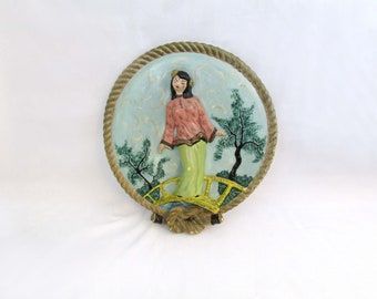 Vintage Chalkware Sailors Rope Asian Girl Wall Plaque Dated 1950's Nautical