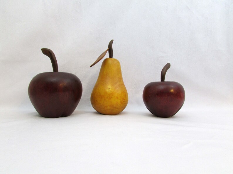 Beautiful Large Carved Wood Pear and Apples Amazing Decor Pieces Sculpted wood Realistic image 2