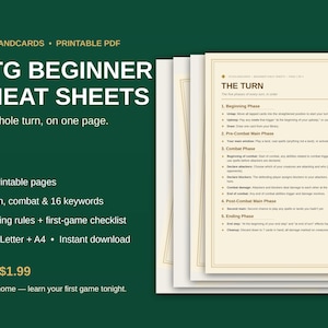 MTG Beginner Cheat Sheets Printable, How to Play Magic The Gathering, Turn Structure Keyword Glossary, Learn MTG PDF