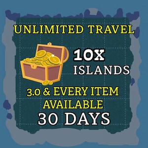 Könnte beinhalten: Eine grafische Illustration mit einer hölzernen Schatztruhe voller Goldmünzen. Der Text lautet UNLIMITED TRAVEL, 10X ISLANDS, 3.0 & EVERY ITEM AVAILABLE und 30 DAYS. Der Hintergrund ist ein dunkelblaugrünes Gittermuster mit blauem Rand.