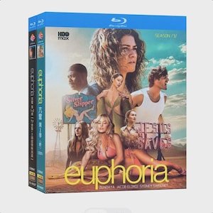May include: A Blu-ray disc case for Euphoria Season 3 featuring a collage of cast members against a desert landscape. The cover includes the text HBO Max, Season 3, Jesus Saves, and the title Euphoria with names Zendaya and Jacob Elordi below.