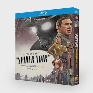 May include: A Blu-ray disc case for the Prime Original Spider-Noir featuring Nicolas Cage. The cover art displays a large masked figure in a hat, a portrait of Nicolas Cage, and several other characters in 1930s attire against a city skyline.