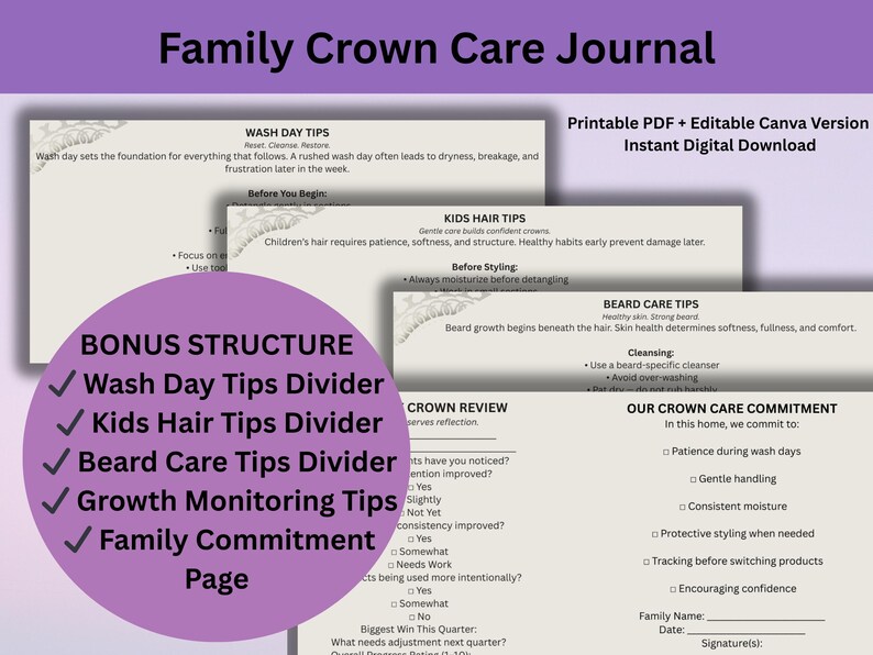 Family Hair Care Journal Printable | Natural Hair Growth Tracker | Kids Wash Day Planner | Beard ...