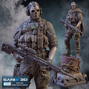 Puede incluir: Figura detallada de un soldado con equipo táctico, incluyendo un casco con diseño de calavera, sosteniendo un rifle. La figura está en pose de combate, con una segunda figura de pie sobre un barril. Incluye el texto "SANIX 3D".
