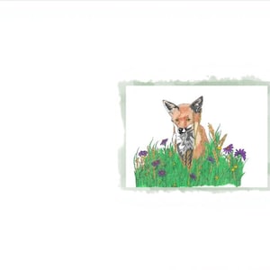 May include: A rectangular print featuring a watercolor illustration of a fox with orange and white fur standing in a patch of green grass, tall stalks, and small purple and yellow wildflowers, set against a plain white background.