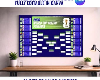 May include: A blue wall chart for the 2026 World Cup, with the text "WORLD CUP 2026 WALL CHART FULLY EDITABLE IN CANVA". The chart includes a match schedule and is A1 size, measuring 33.1 x 23.4 inches.
