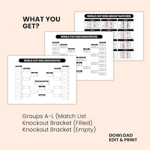 May include: Three white sheets of paper with text and graphics related to the World Cup 2026. The text includes "World Cup 2026 (Group Matches)" and "World Cup 2026 (Knockouts)". The image also includes the text "WHAT YOU GET?" and "DOWLOAD EDIT & PRINT".