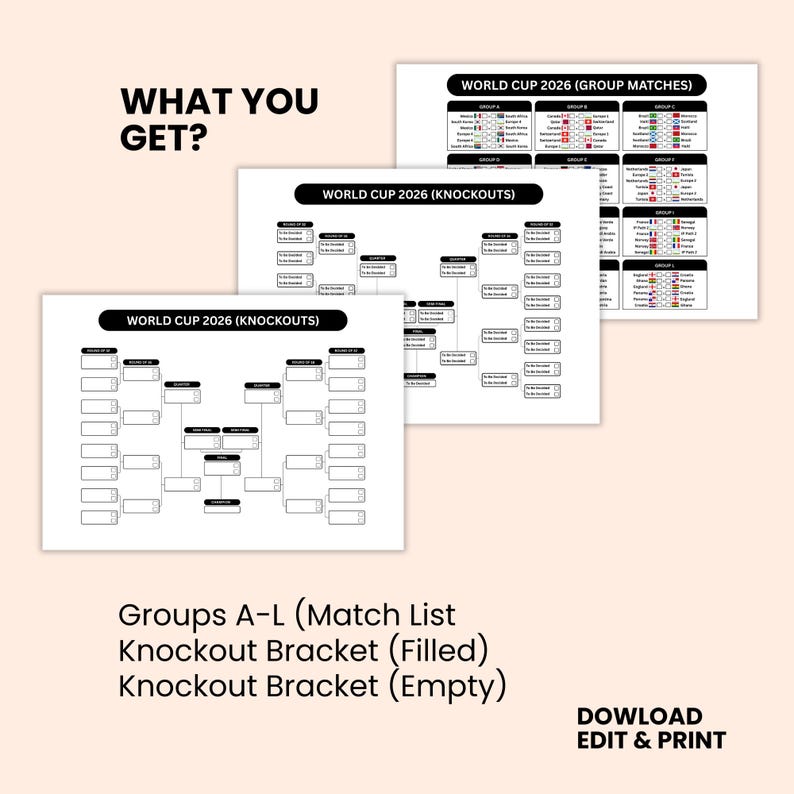 May include: Three white sheets of paper with text and graphics related to the World Cup 2026. The text includes "World Cup 2026 (Group Matches)" and "World Cup 2026 (Knockouts)". The image also includes the text "WHAT YOU GET?" and "DOWLOAD EDIT & PRINT".