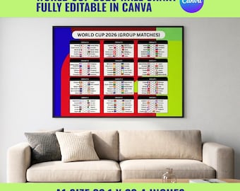 World Cup 2026 Schedule Wall Chart, Minimal Soccer Poster, Printable Match Planner, Editable Football Schedule, Canva Template