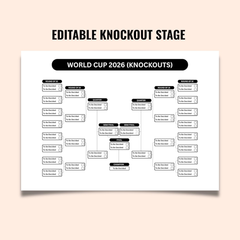 May include: A white and black knockout stage bracket for the World Cup 2026, with the text "EDITABLE KNOCKOUT STAGE" at the top. The bracket includes rounds, quarters, semi-finals, and a final, with spaces to fill in team names.