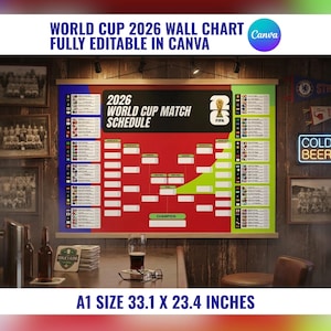 World Cup 2026 Schedule Wall Chart, Soccer Tournament Bracket Poster, Editable Knockout Tracker, Football Wall Planner, Canva Template