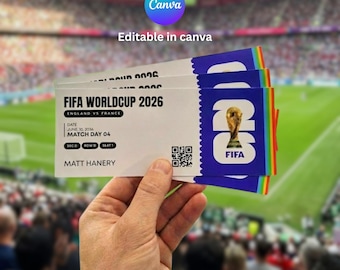 May include: A hand holding three FIFA World Cup 2026 tickets. The tickets are white with blue and rainbow accents. The text on the tickets reads "FIFA WORLDCUP 2026 ENGLAND VS FRANCE" and "JUNE 10 2036 MATCH DAY 04".