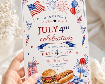 Fourth of July Invitation, July 4th Invite, Patriotic Party Invite, BBQ Cookout Invitation, Editable Canva Template, Pool Party