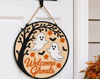 Welcome Ghouls Door Hanger SVG, Ghost Halloween Round Sign, Spooky Front Door Sign, Glowforge xTool Laser Cut File, Halloween Porch Decor